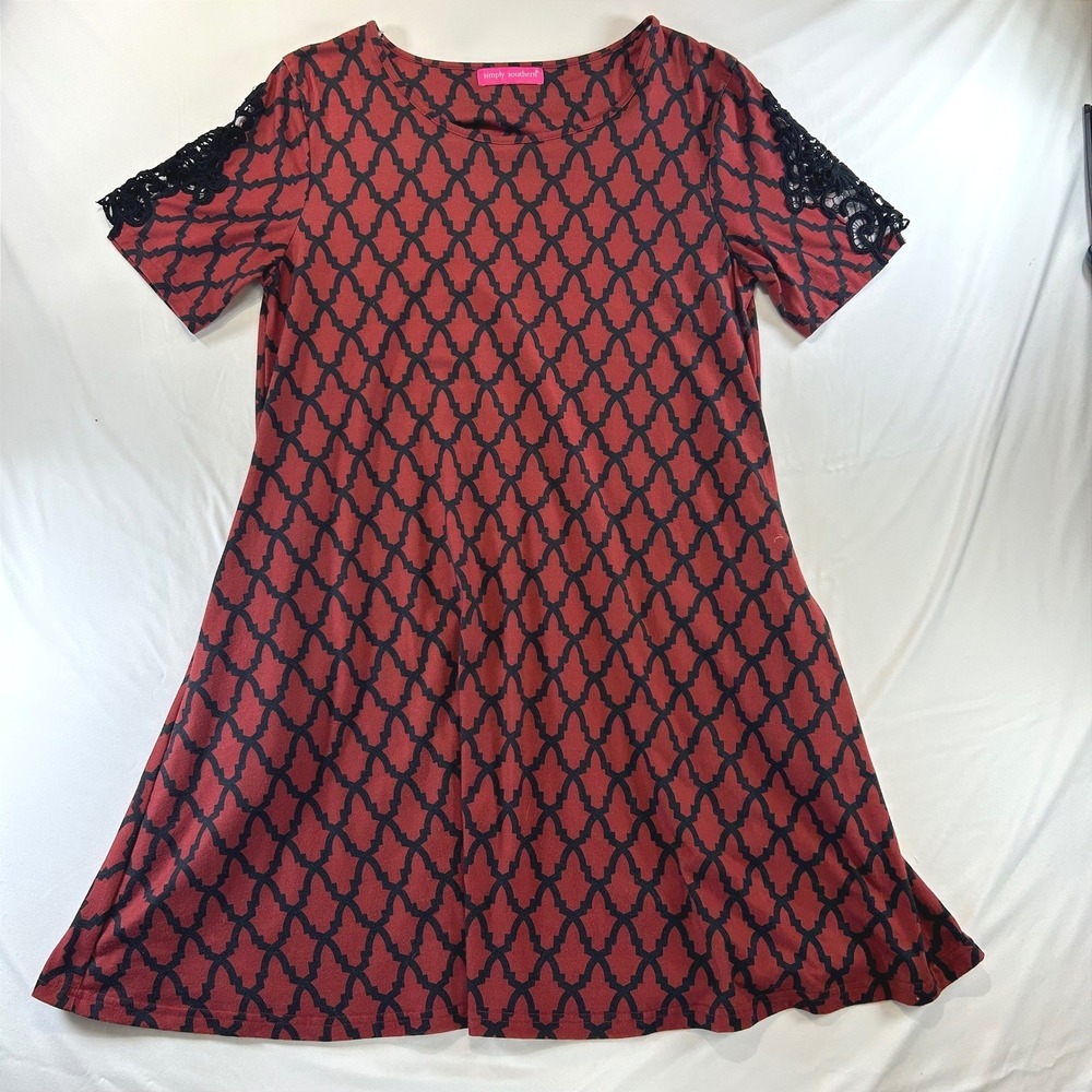 Simply‎ Southern Preppy Lattice Print Lace Sleeve Mini Dress Large Red Black